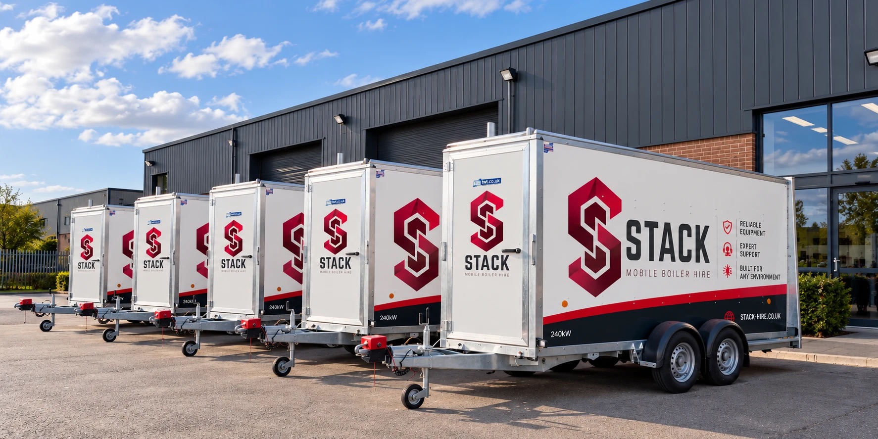 A row of Stack mobile boiler trailers parked outside a commercial building