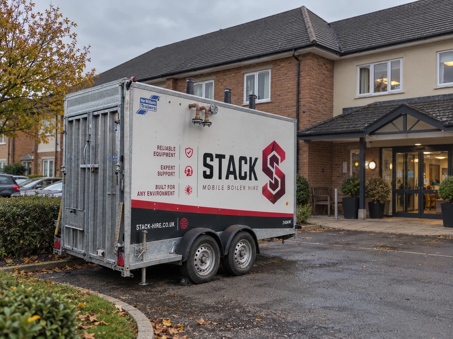 Stack boiler trailer positioned outside a care home